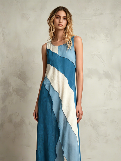 Women's Casual Blue Chiffon Sleeveless Maxi Dress With A Round Neck MDZ1262F3LXY