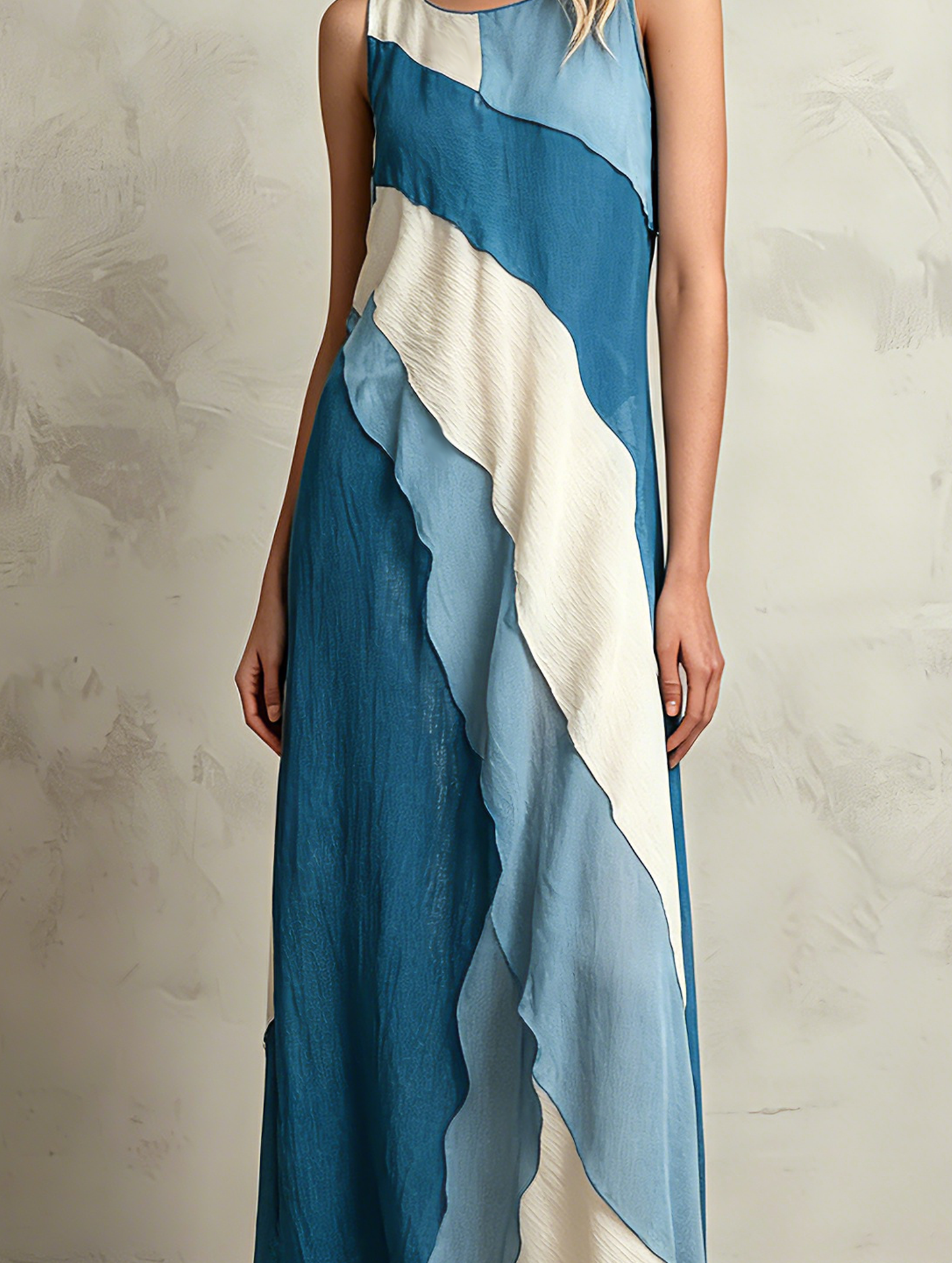 Women's Casual Blue Chiffon Sleeveless Maxi Dress With A Round Neck MDZ1262F3LXY