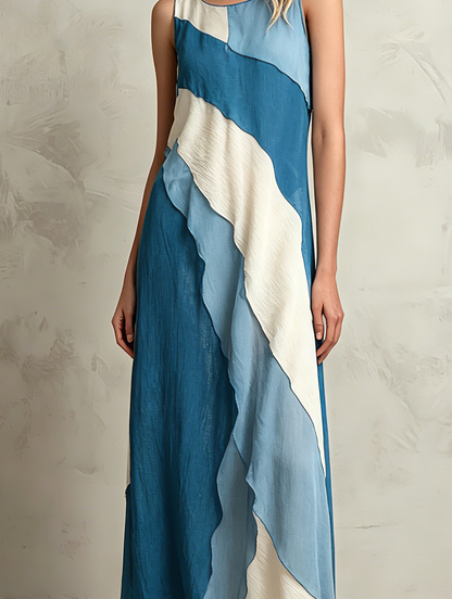 Women's Casual Blue Chiffon Sleeveless Maxi Dress With A Round Neck MDZ1262F3LXY