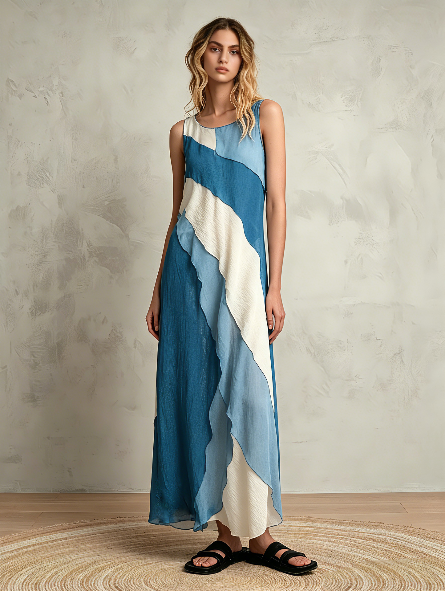 Women's Casual Blue Chiffon Sleeveless Maxi Dress With A Round Neck MDZ1262F3LXY