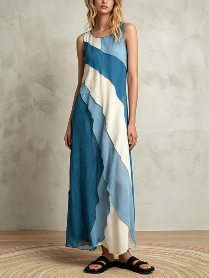 Women's Casual Blue Chiffon Sleeveless Maxi Dress With A Round Neck MDZ1262F3LXY