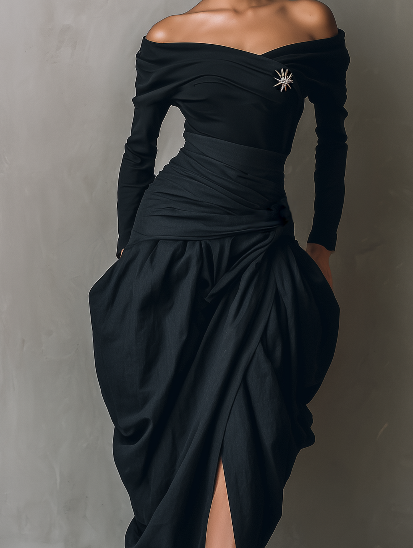 Women's Casual Black Stretch-knit And Woven Off-the-shoulder Midi Dress (brooch Not Included) MDZ1282F1LXY