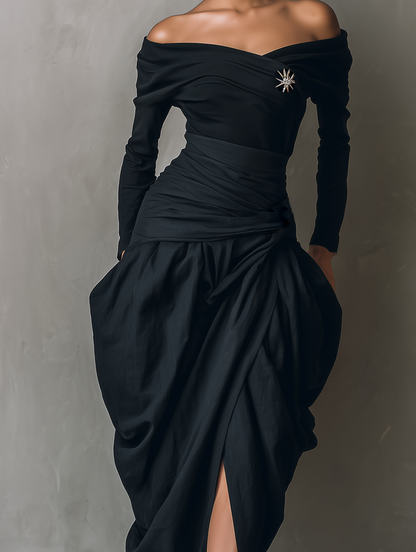 Women's Casual Black Stretch-knit And Woven Off-the-shoulder Midi Dress (brooch Not Included) MDZ1282F1LXY