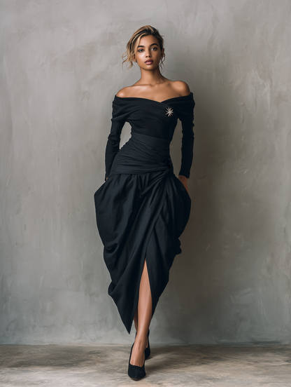 Women's Casual Black Stretch-knit And Woven Off-the-shoulder Midi Dress (brooch Not Included) MDZ1282F1LXY