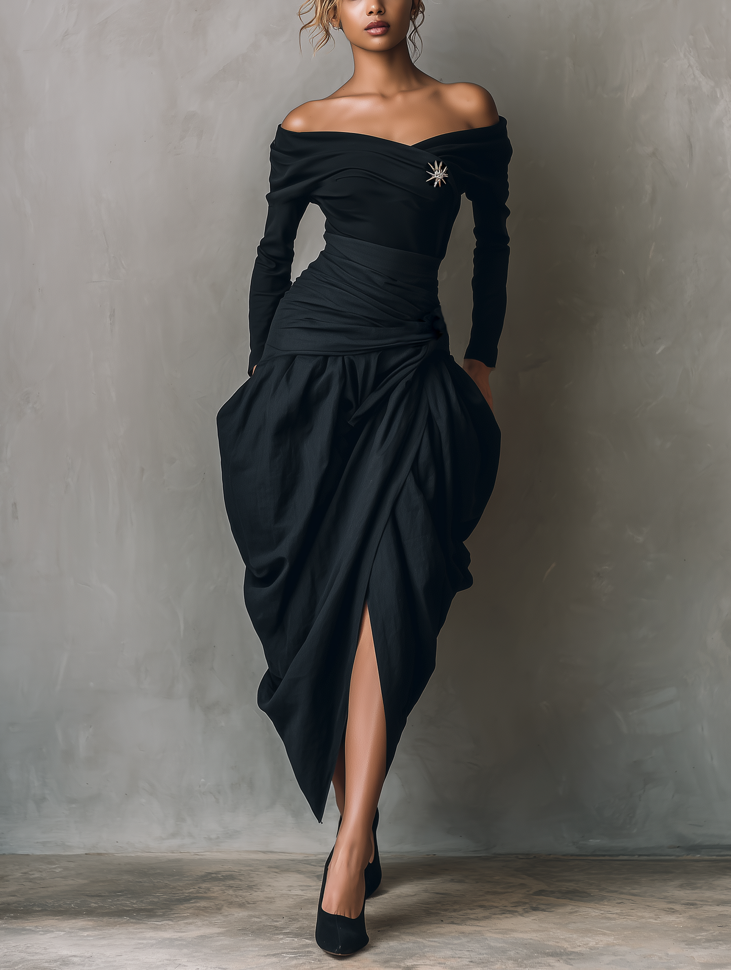 Women's Casual Black Stretch-knit And Woven Off-the-shoulder Midi Dress (brooch Not Included) MDZ1282F1LXY