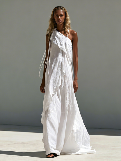 Women's Casual White Cotton-linen One-shoulder Sleeveless Maxi Dress MDZ1283F0LXY