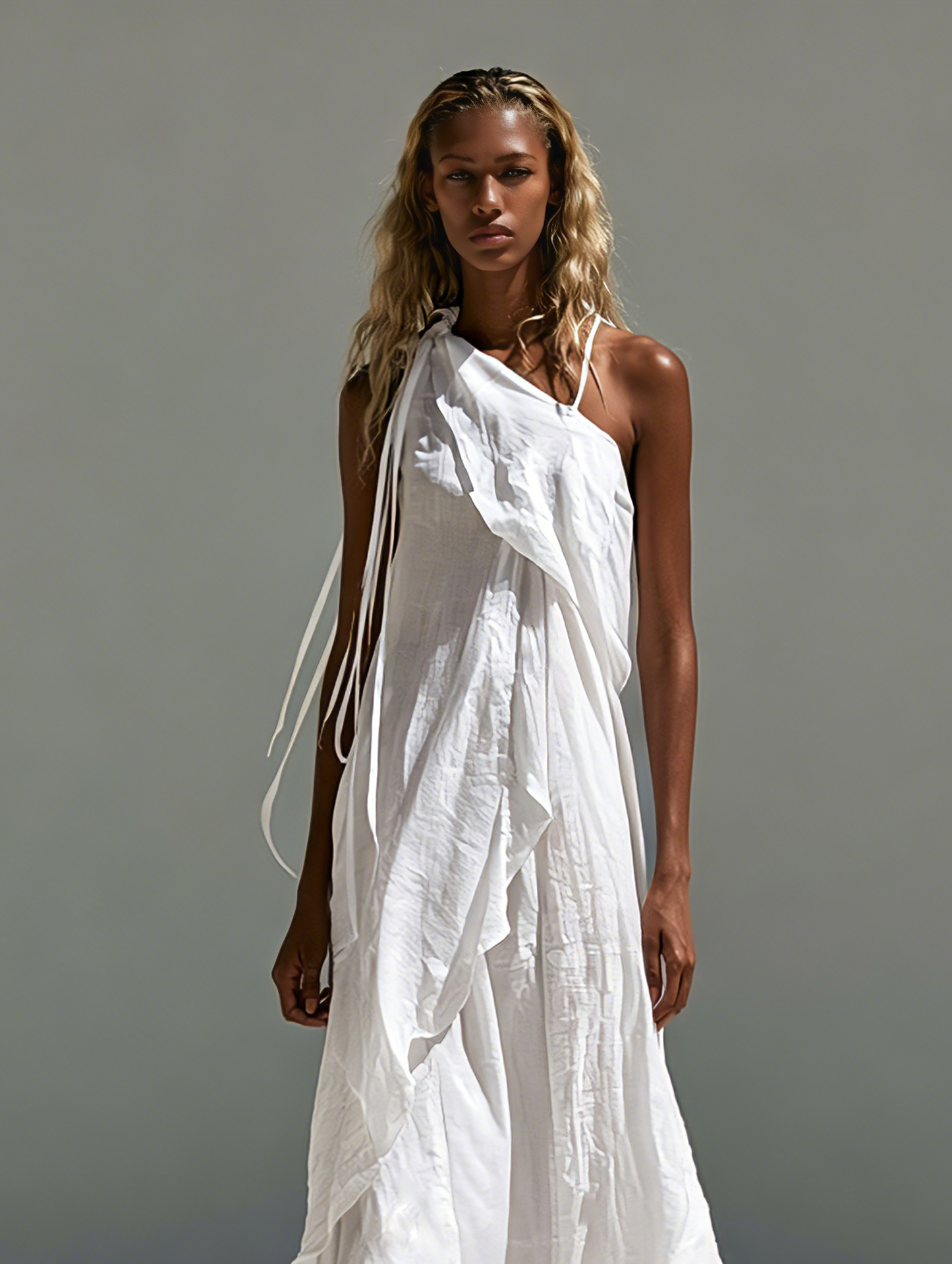 Women's Casual White Cotton-linen One-shoulder Sleeveless Maxi Dress MDZ1283F0LXY