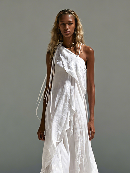 Women's Casual White Cotton-linen One-shoulder Sleeveless Maxi Dress MDZ1283F0LXY