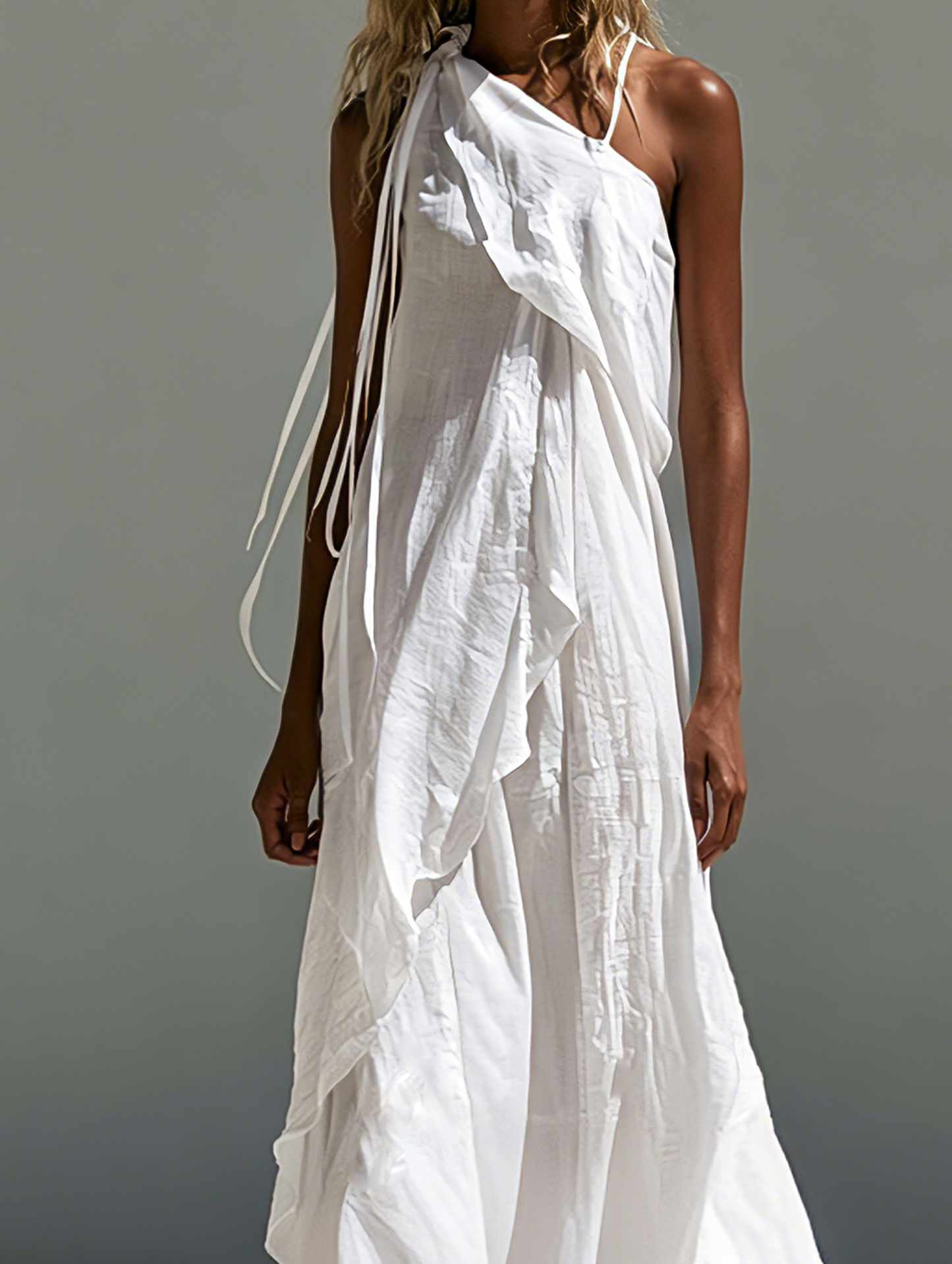 Women's Casual White Cotton-linen One-shoulder Sleeveless Maxi Dress MDZ1283F0LXY