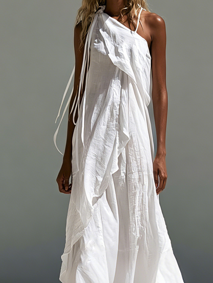 Women's Casual White Cotton-linen One-shoulder Sleeveless Maxi Dress MDZ1283F0LXY