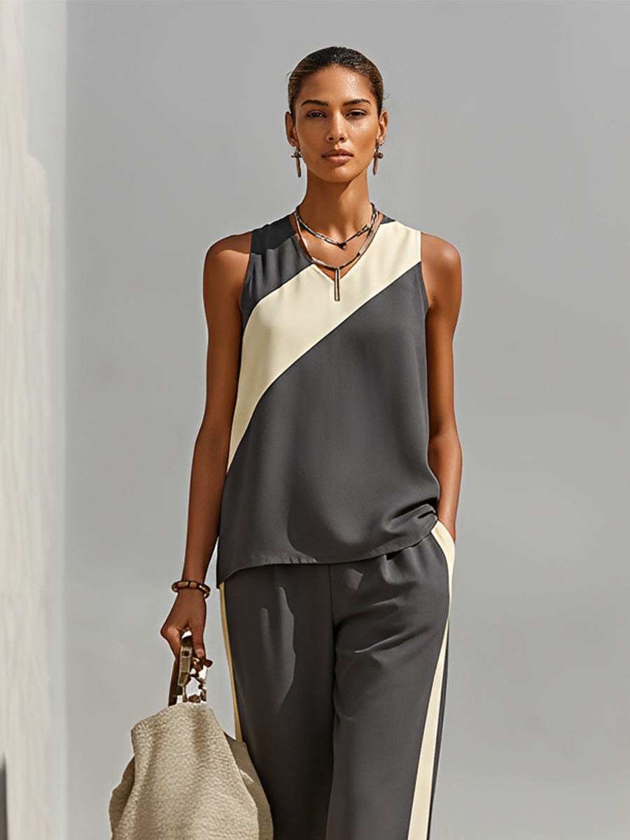 Women's Dark Grey & Yellow Sleeveless Co-Ord With V Neckline & Contrast Stripe Trousers, Modern Effortless-Chic Smart Casual Outfit MDZ1291F5LYL