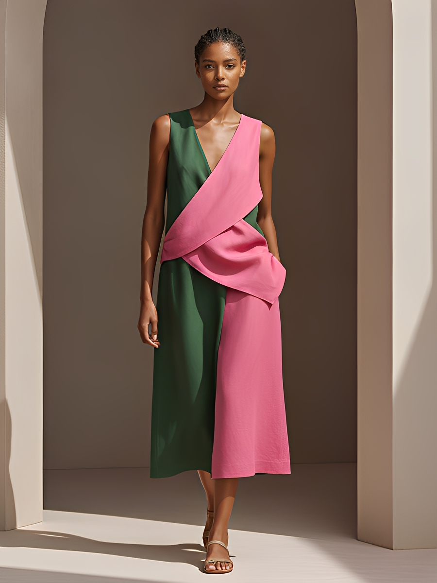 Women's Vibrant Pink & Green Matching Outfit With Diagonal Wrap Top & High Waist Wide Leg Pants, Contemporary Versatile Everyday Set MDZ1296F3LYL