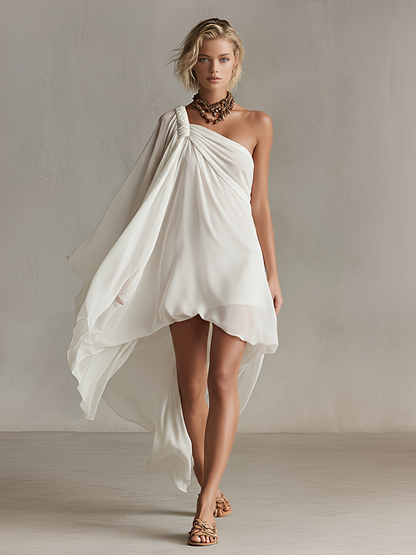 Women's Ivory Asymmetric Chiffon Dress With Ruched Shoulder Detail & High-Low Hem, Modern Goddess-Chic Cocktail Dress MDZ1243F0LYL