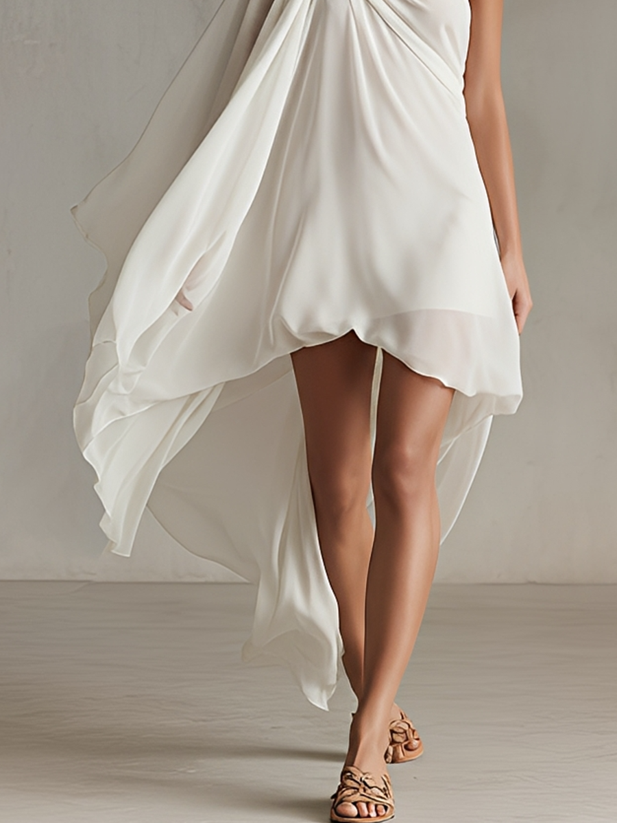 Women's Ivory Asymmetric Chiffon Dress With Ruched Shoulder Detail & High-Low Hem, Modern Goddess-Chic Cocktail Dress MDZ1243F0LYL