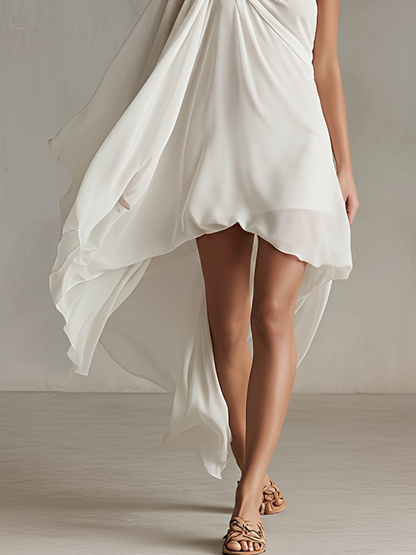 Women's Ivory Asymmetric Chiffon Dress With Ruched Shoulder Detail & High-Low Hem, Modern Goddess-Chic Cocktail Dress MDZ1243F0LYL