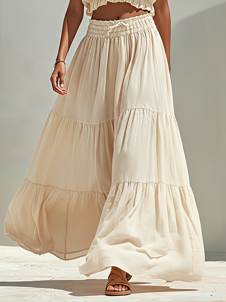 Women's Beige Linen-Blend Two-Piece Set With Square Neck Crop Tank Top & Tiered Maxi Skirt, Casual Summer Resort Outfit MDZ1238F1LYL