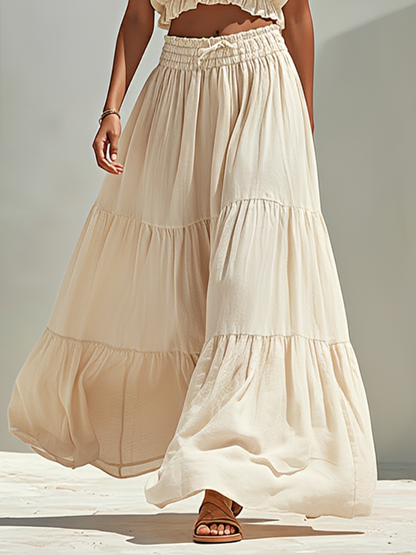 Women's Beige Linen-Blend Two-Piece Set With Square Neck Crop Tank Top & Tiered Maxi Skirt, Casual Summer Resort Outfit MDZ1238F1LYL