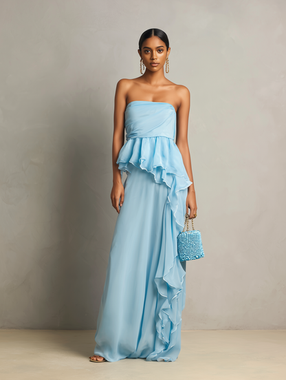 Women’s Light Blue Strapless Draped Chiffon Maxi Dress With Tiered Ruffle Peplum Detail MDZ1281F2T