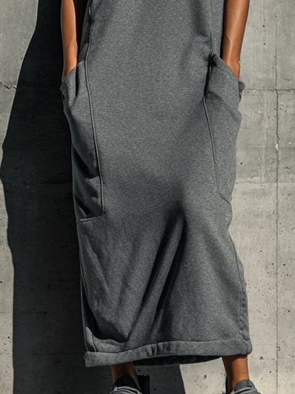 Women’s Gray Sleeveless Color Block Crew Neck Maxi Sweatshirt Dress With Side Pockets MDZ1172F4T