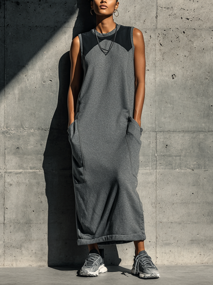 Women’s Gray Sleeveless Color Block Crew Neck Maxi Sweatshirt Dress With Side Pockets MDZ1172F4T