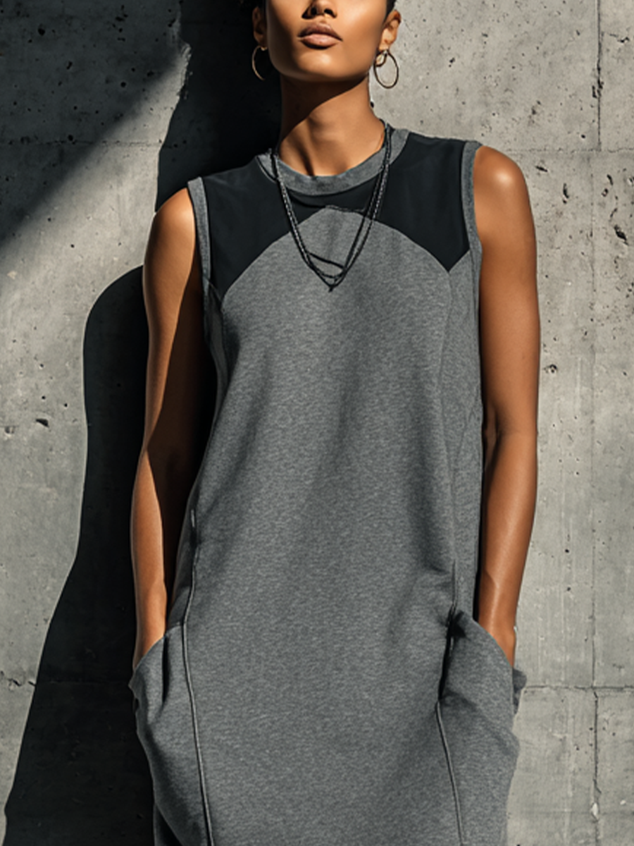 Women’s Gray Sleeveless Color Block Crew Neck Maxi Sweatshirt Dress With Side Pockets MDZ1172F4T