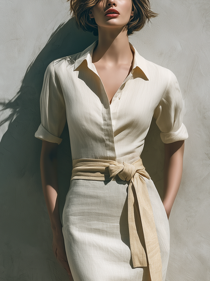 Women’s Linen-Blend Two-Tone Beige Button Down Midi Dress With Waist Tie & Flared Hem MDZ1147F9T
