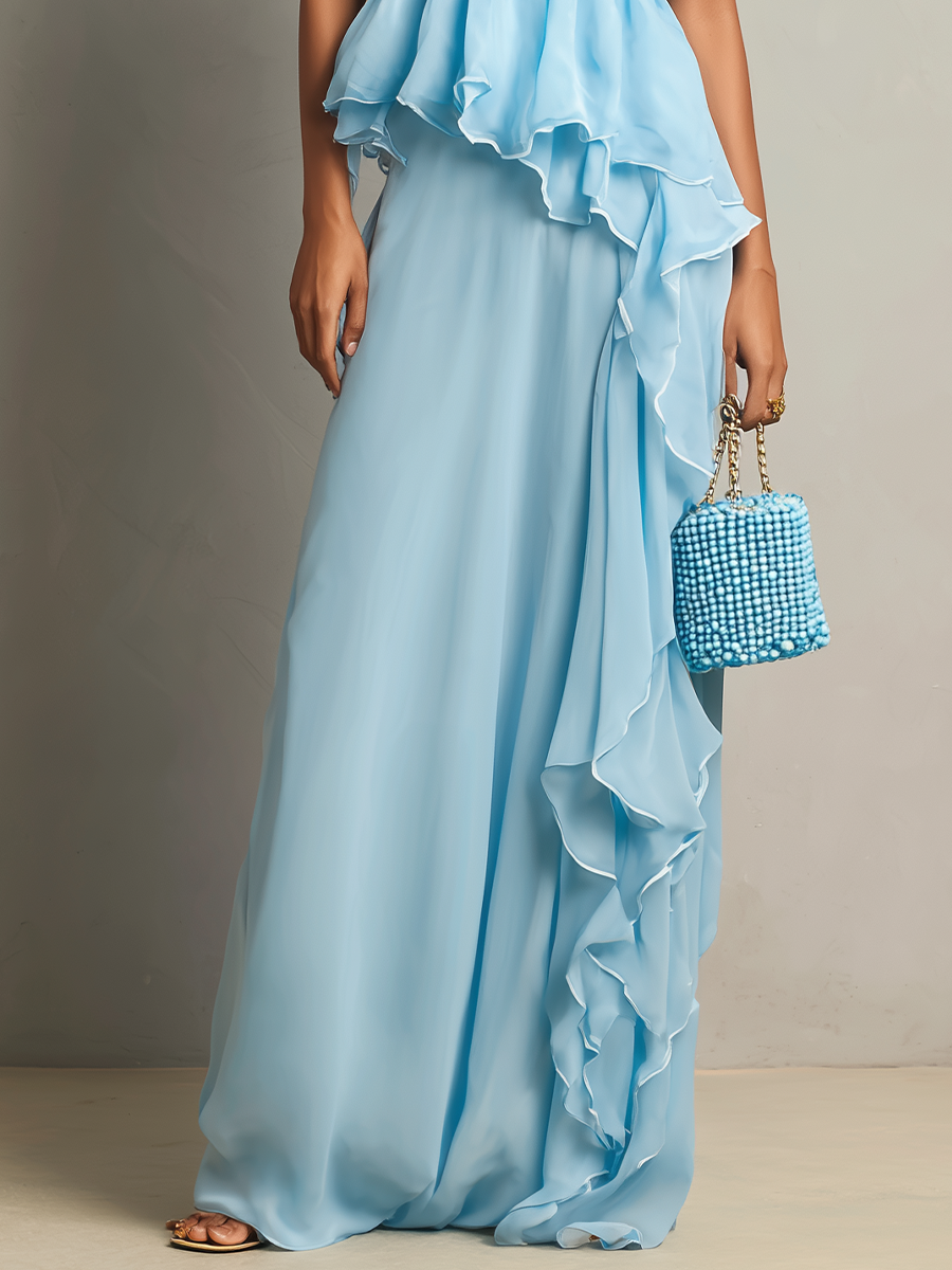 Women’s Light Blue Strapless Draped Chiffon Maxi Dress With Tiered Ruffle Peplum Detail MDZ1281F2T