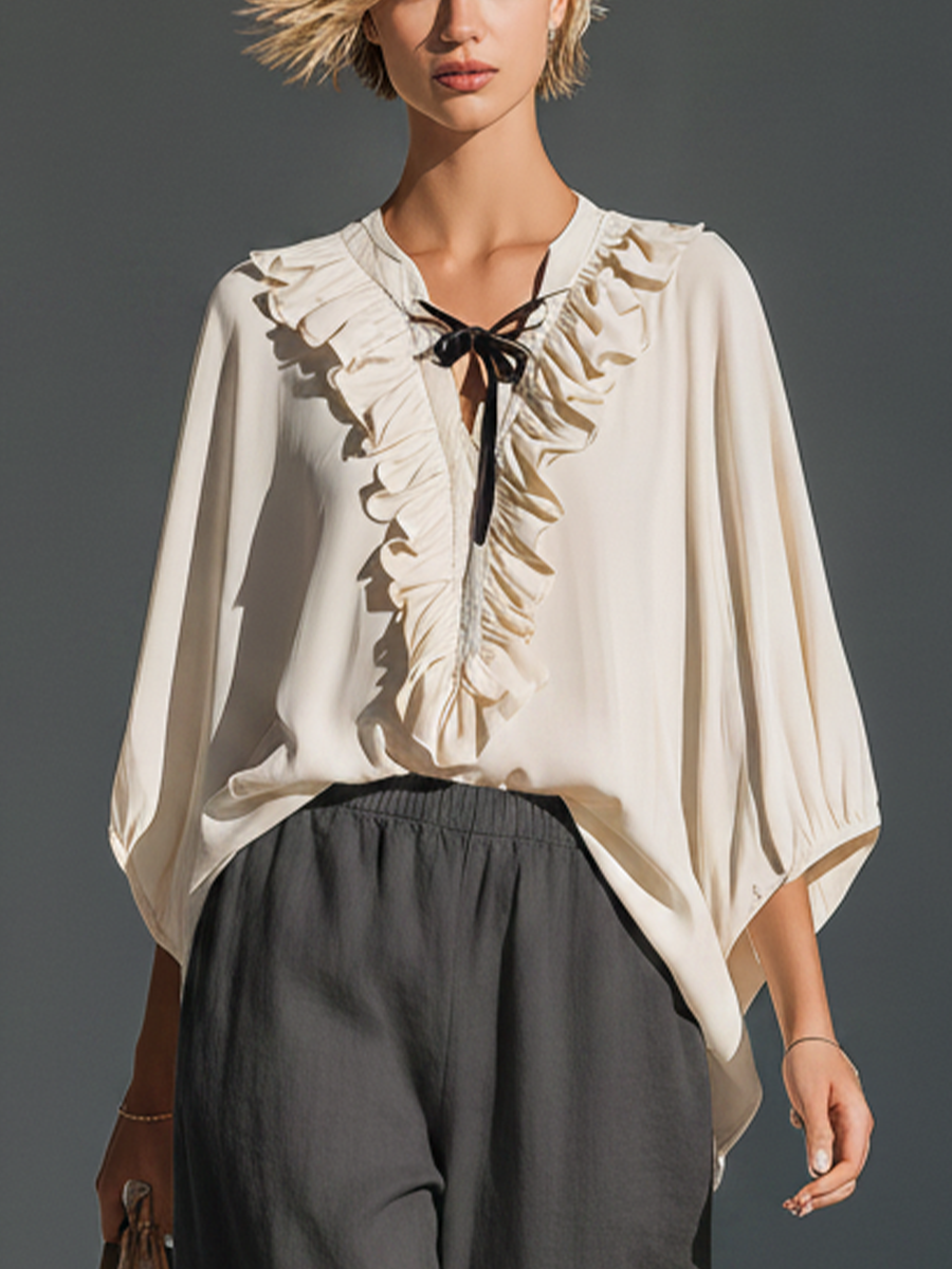 Women’s Off-White Ruffle V-Neck Tie Blouse & Dark Gray Elastic Waist Linen Culottes Two-Piece Set MDZ1276F3T