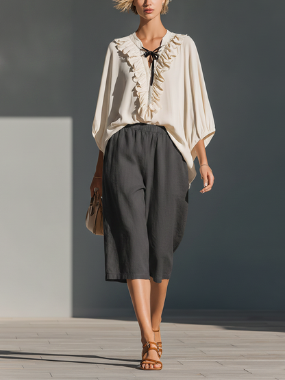 Women’s Off-White Ruffle V-Neck Tie Blouse & Dark Gray Elastic Waist Linen Culottes Two-Piece Set MDZ1276F3T