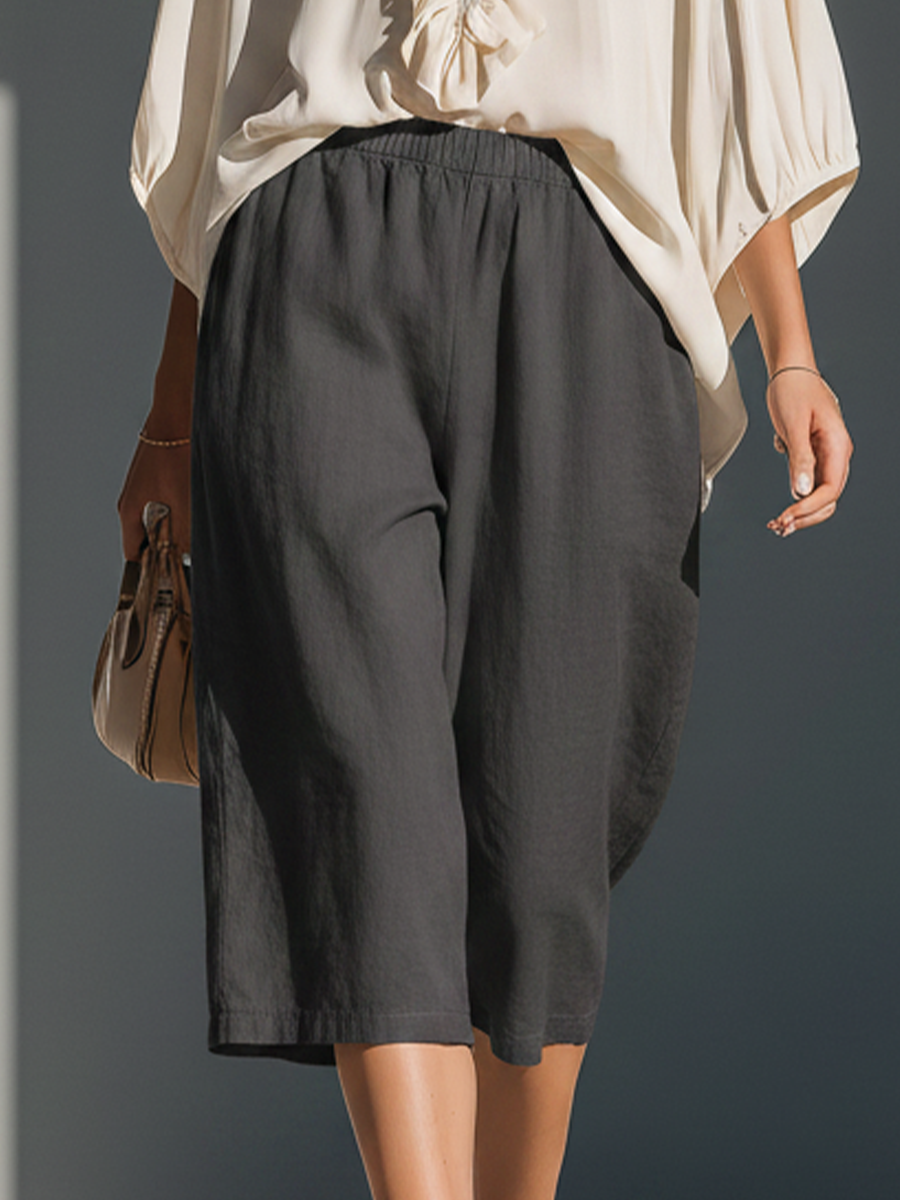 Women’s Off-White Ruffle V-Neck Tie Blouse & Dark Gray Elastic Waist Linen Culottes Two-Piece Set MDZ1276F3T