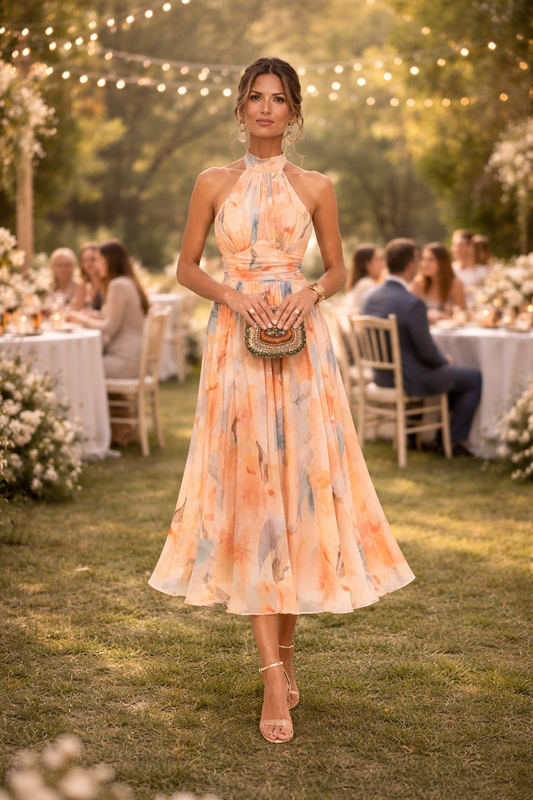 Esther™ | Halter Neck Watercolor Print Dress