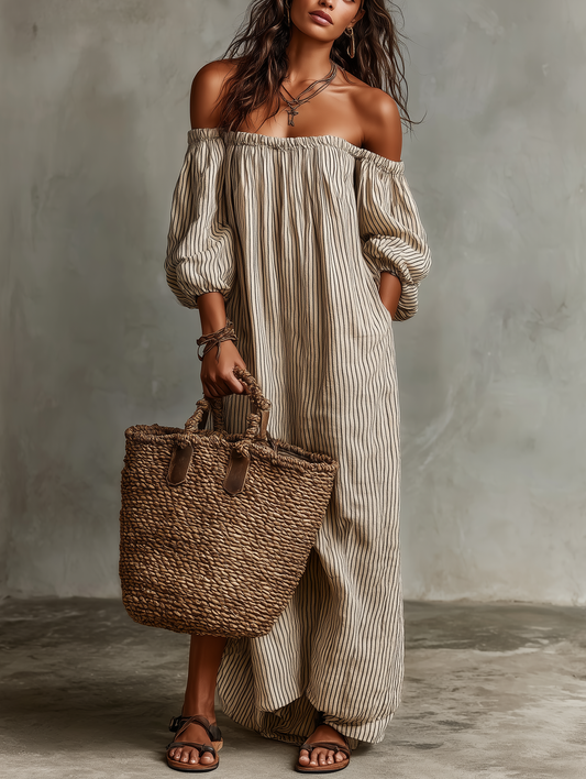 Carmen | Long Cotton and Linen Dress with Off-Shoulder Design