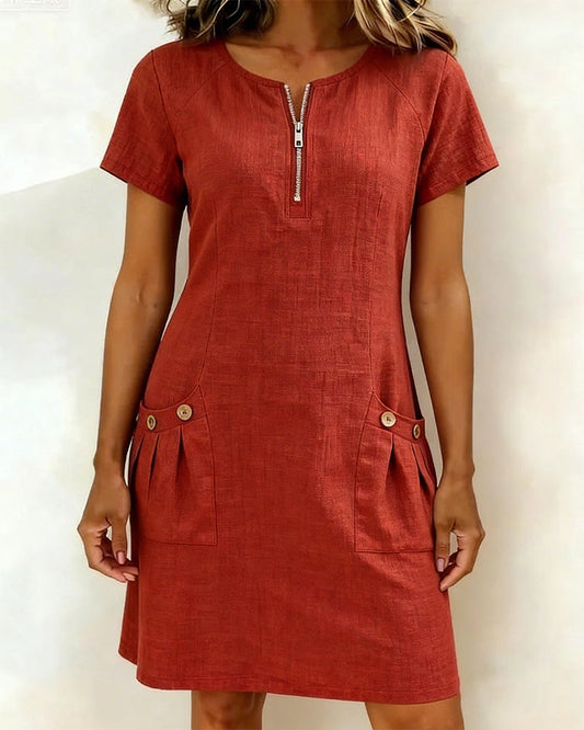 Cotton Linen Dress with Zipper and Pockets